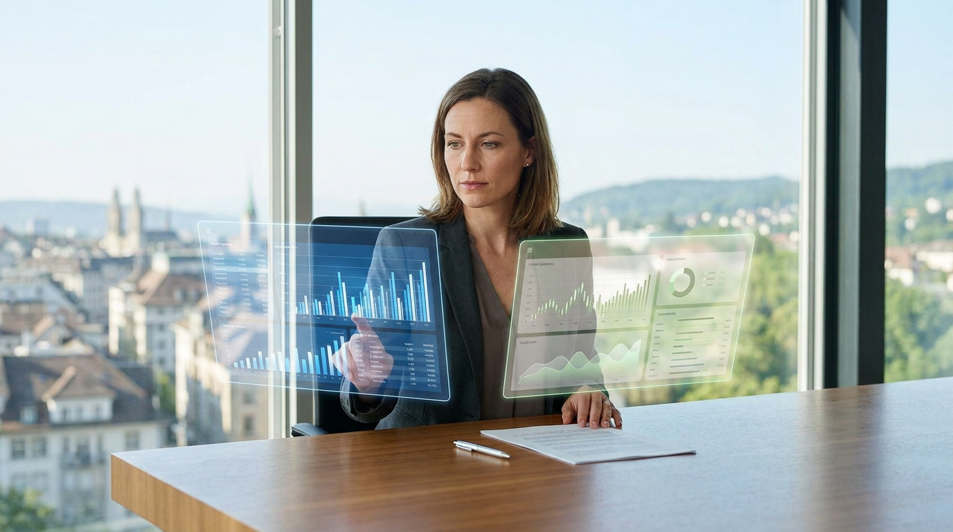 Une femme d'affaires dans un bureau moderne interagit avec des écrans de données financiers holographiques.