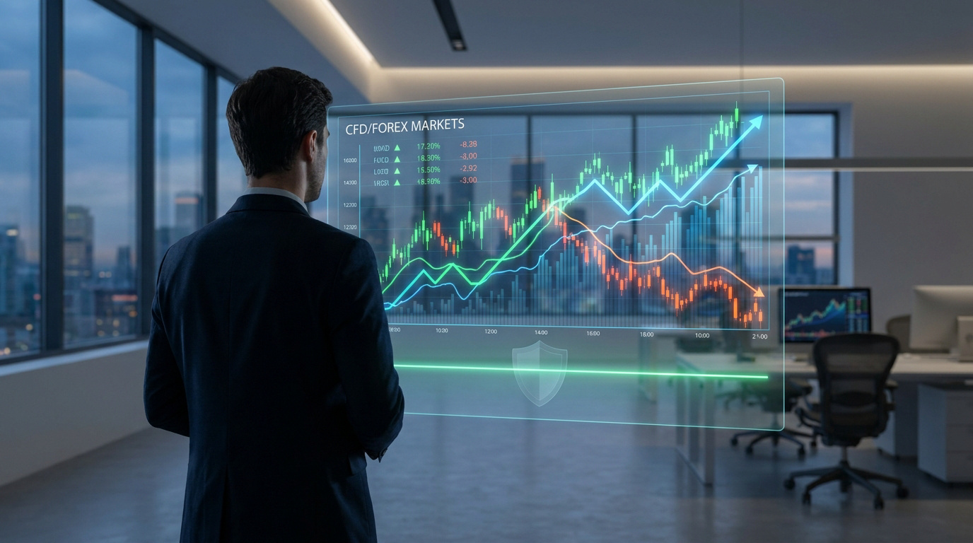 Un trader en costume observant des graphiques financiers numériques en temps réel dans un bureau moderne.