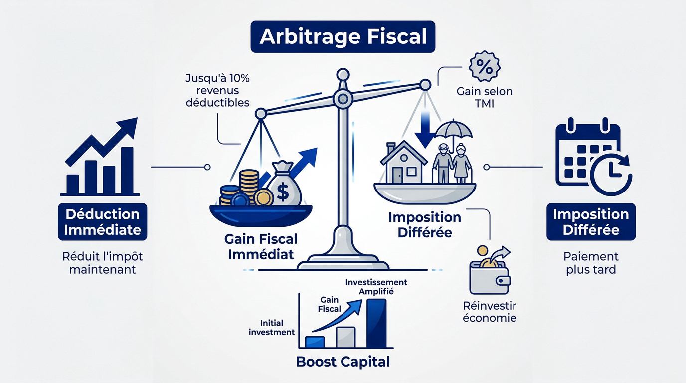 Graphique illustrant l'arbitrage entre gain fiscal immédiat et imposition différée du PER