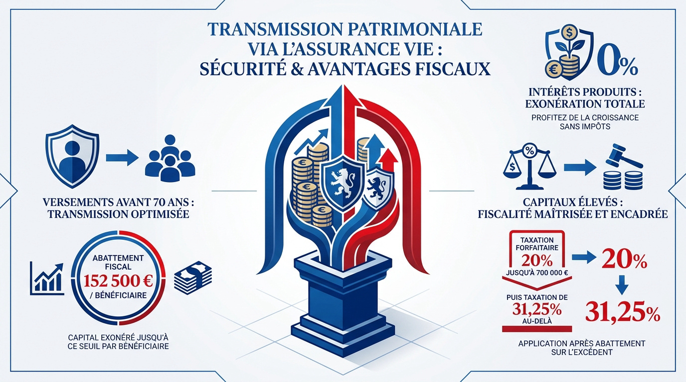 Schéma explicatif des avantages fiscaux de l'assurance vie pour la transmission de patrimoine