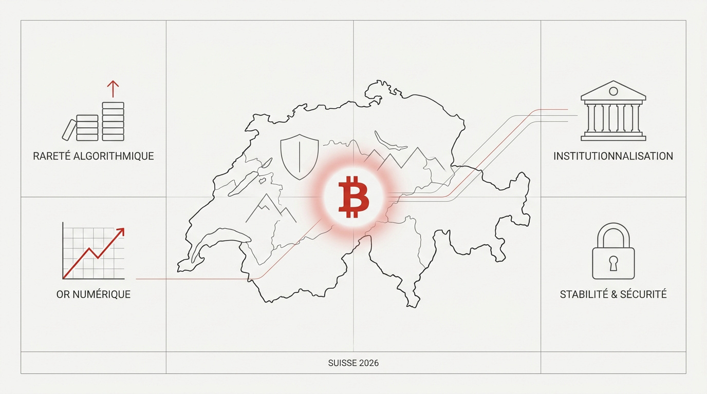 Représentation du Bitcoin comme or numérique sécurisé en Suisse
