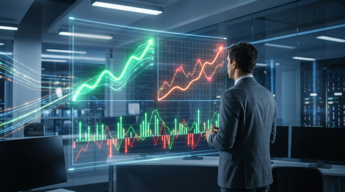 Un analyste financier observant des graphiques boursiers numériques dans un bureau technologique moderne.