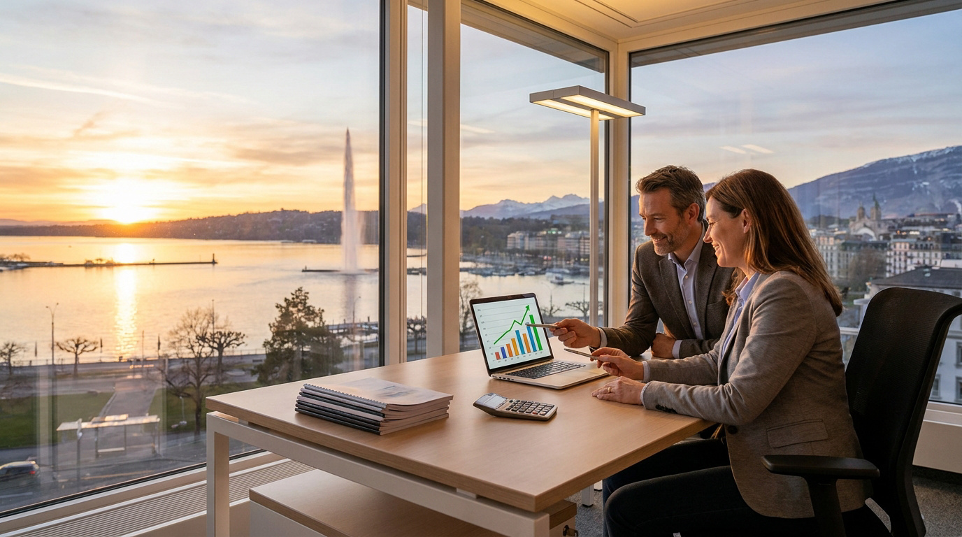 Un homme et une femme en réunion de travail devant un ordinateur portable face au Jet d'eau de Genève au coucher du soleil.