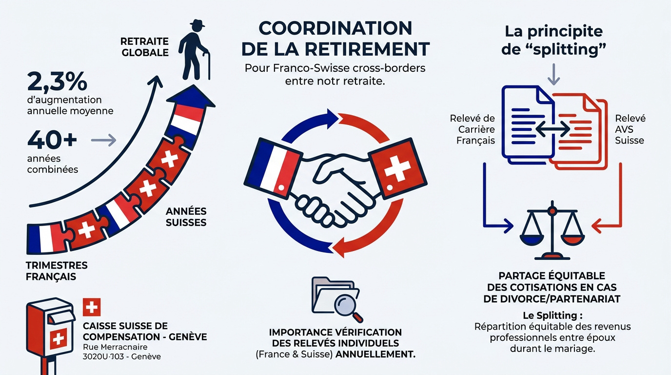 Schéma explicatif de la coordination des systèmes de retraite entre la France et la Suisse pour les frontaliers