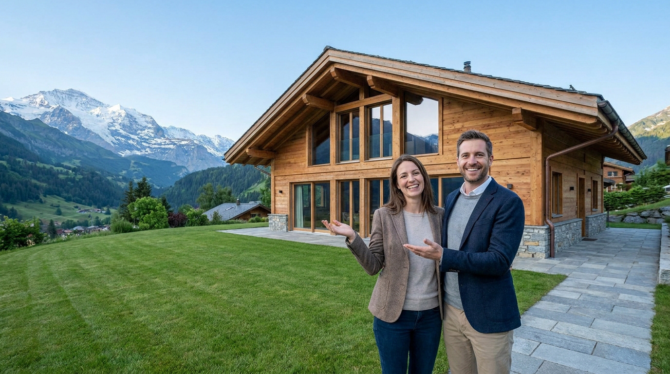 Un couple souriant présente un chalet en bois moderne devant les Alpes suisses.