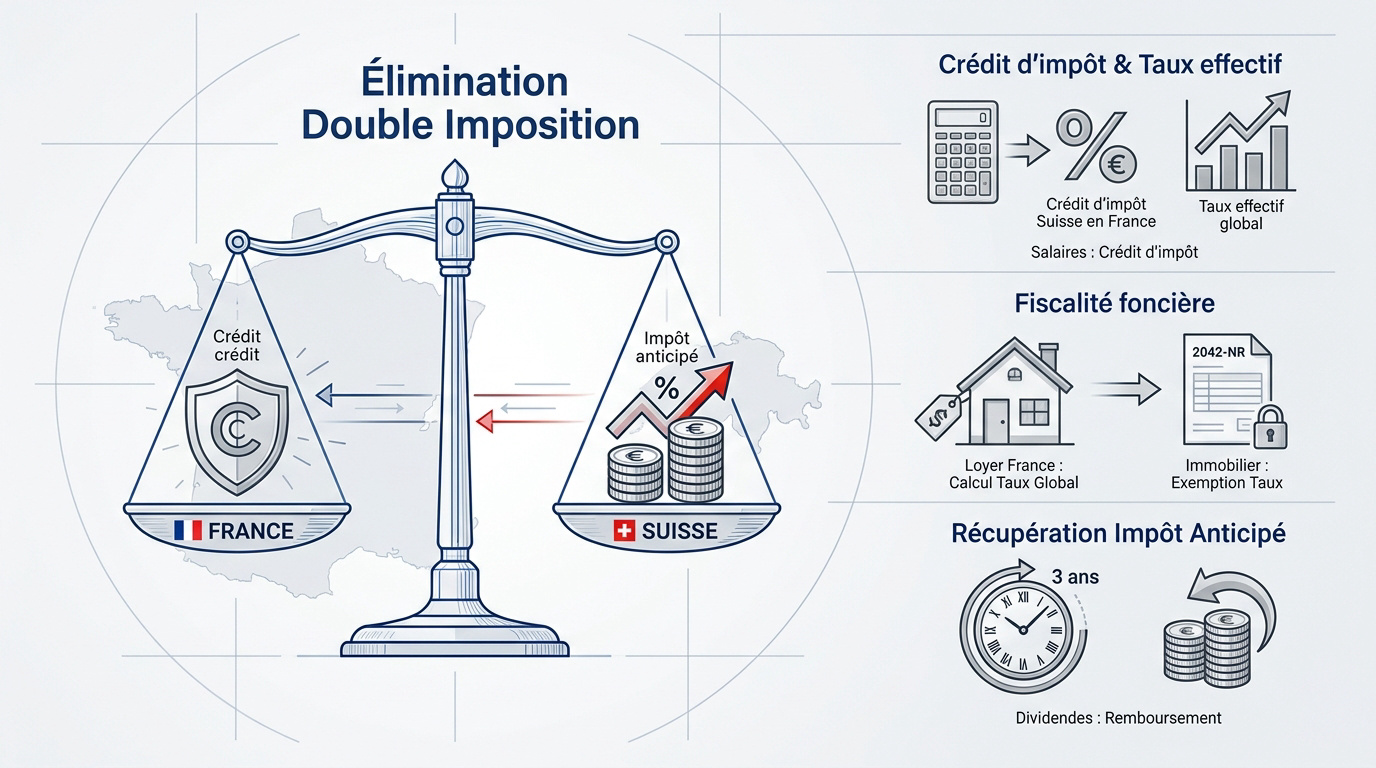 Schéma explicatif de l'élimination de la double imposition entre la France et la Suisse