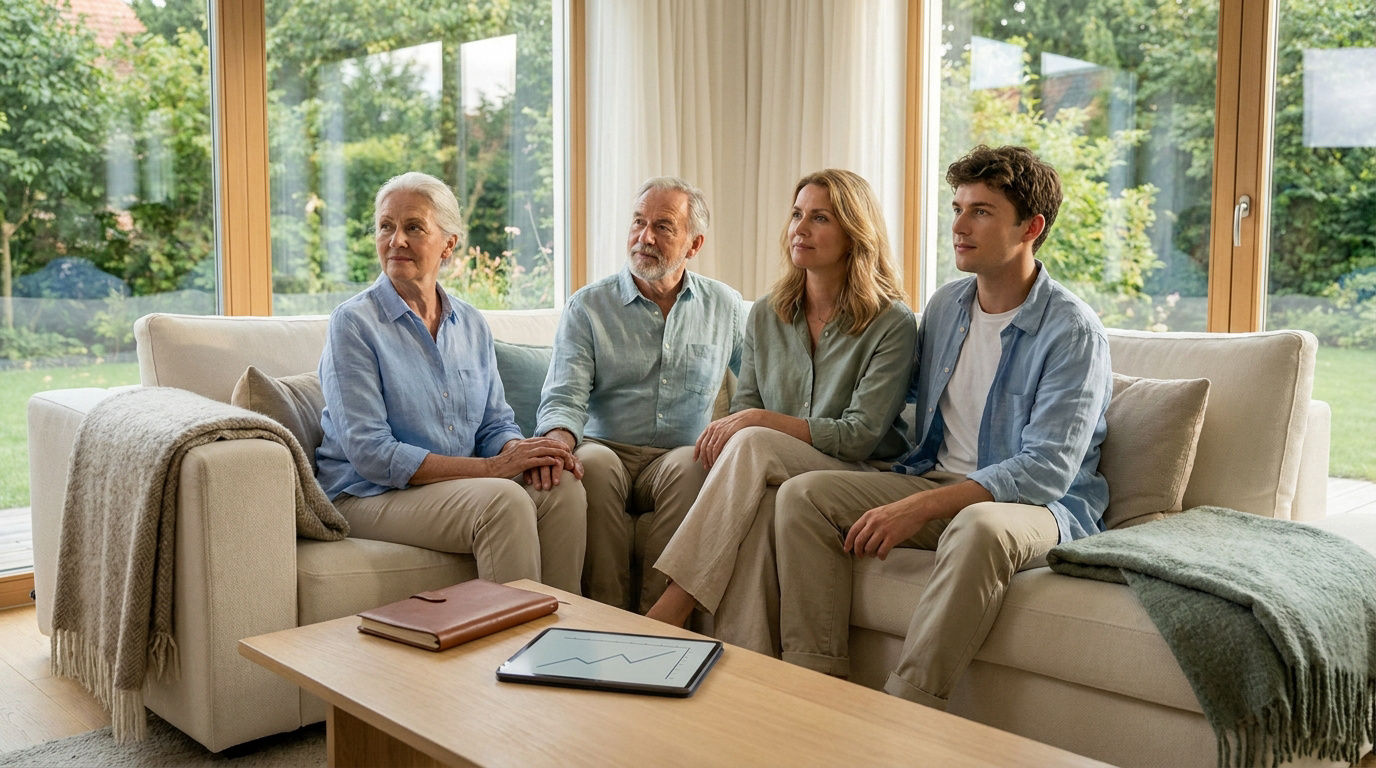 Une famille intergénérationnelle assise sur un canapé regardant vers l'extérieur avec optimisme.