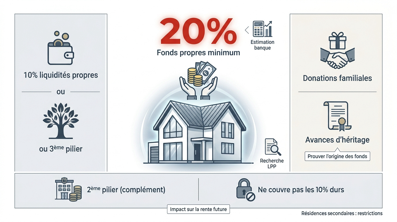 Graphique illustrant la répartition des 20 pour cent de fonds propres pour un prêt hypothécaire en Suisse
