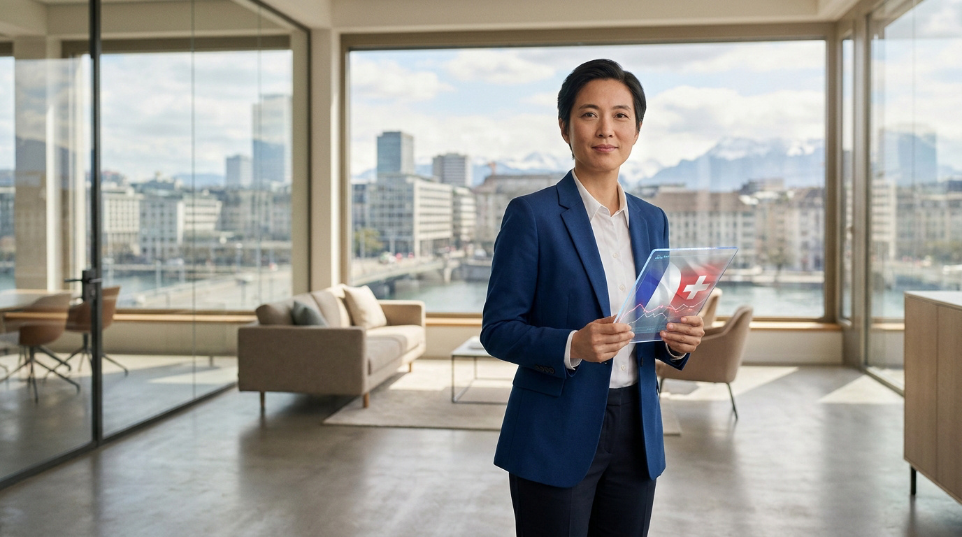 Une femme d'affaires dans un bureau avec vue sur Genève tenant une tablette affichant les drapeaux français et suisse.