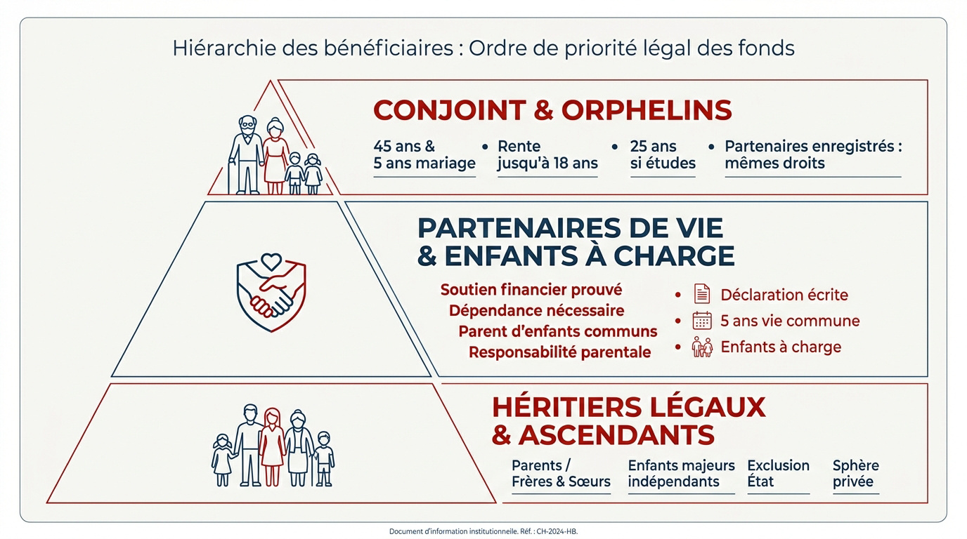 Schéma de la hiérarchie des bénéficiaires du 2ème pilier LPP en Suisse