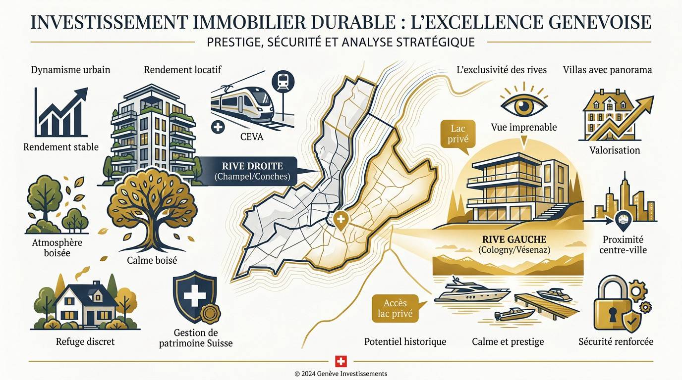 Villa de prestige avec vue sur le lac Léman à Cologny symbolisant l'investissement immobilier durable