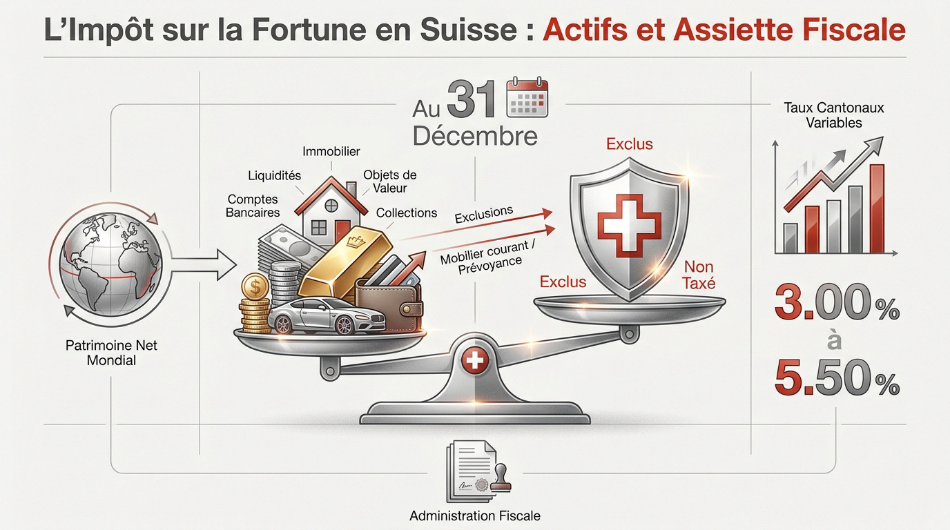 Représentation du patrimoine financier et immobilier soumis à l'impôt sur la fortune en Suisse