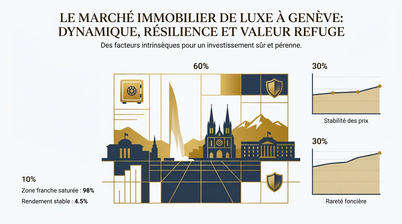 Propriété de prestige au bord du lac Léman à Genève illustrant la stabilité du marché de luxe