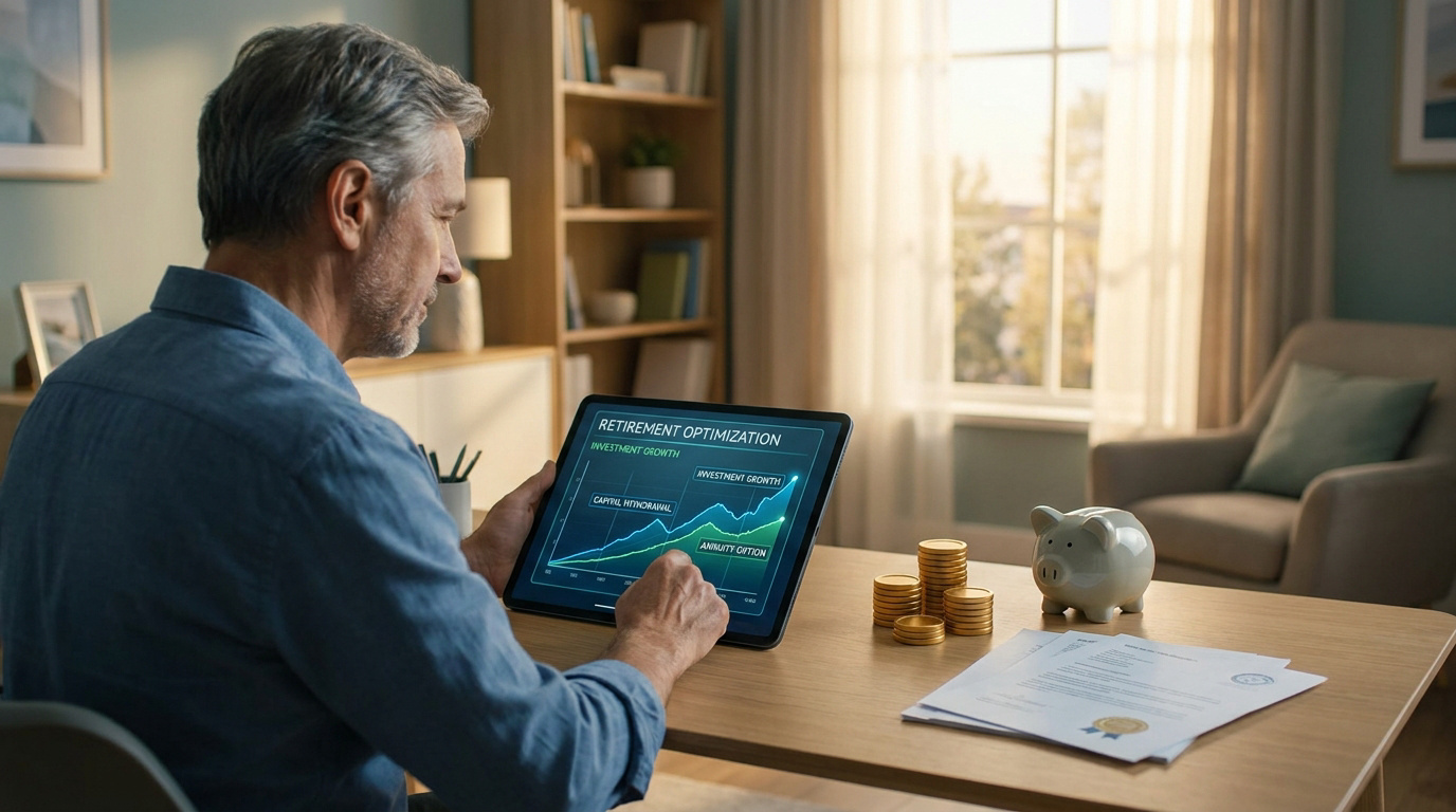 Un homme consulte un graphique de croissance financière sur sa tablette pour préparer sa retraite.