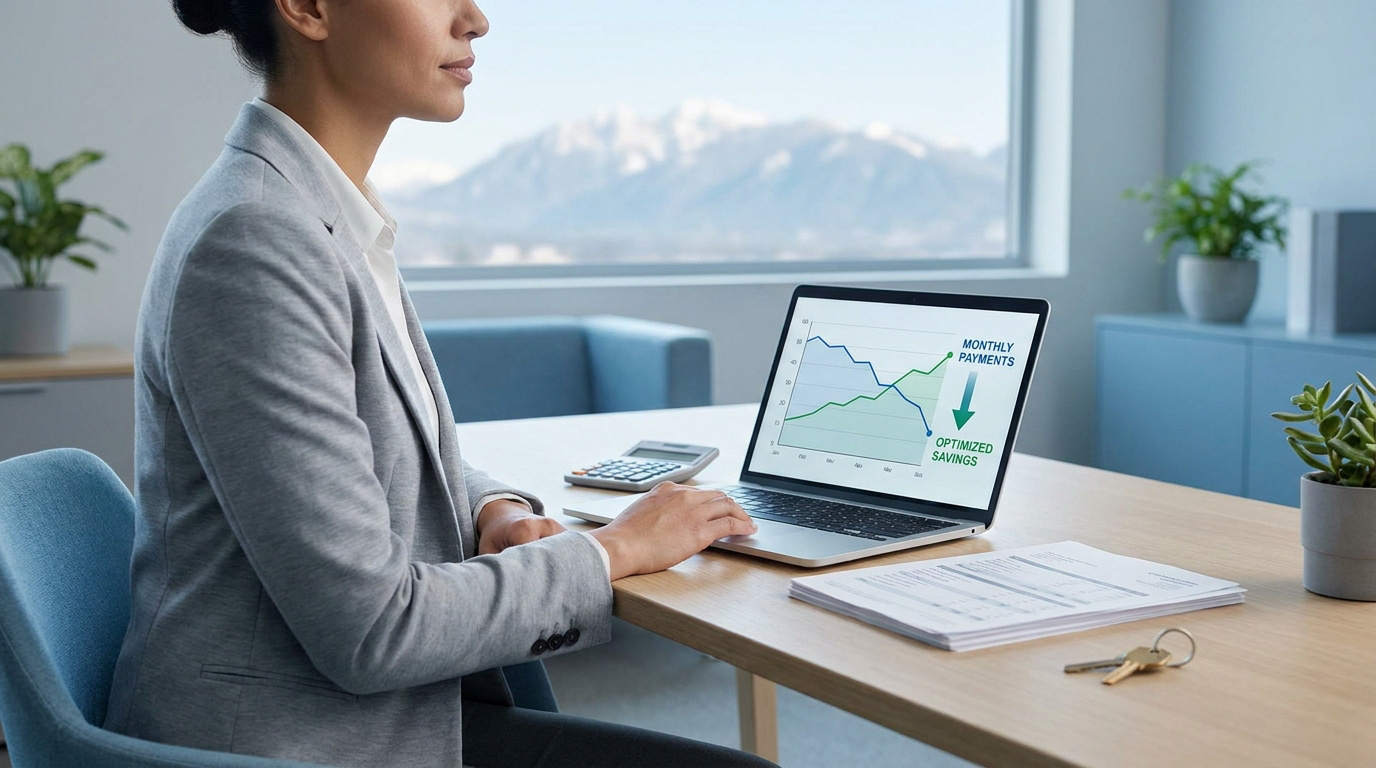 Femme d'affaires consultant un graphique financier sur un ordinateur portable dans un bureau avec vue sur les montagnes.