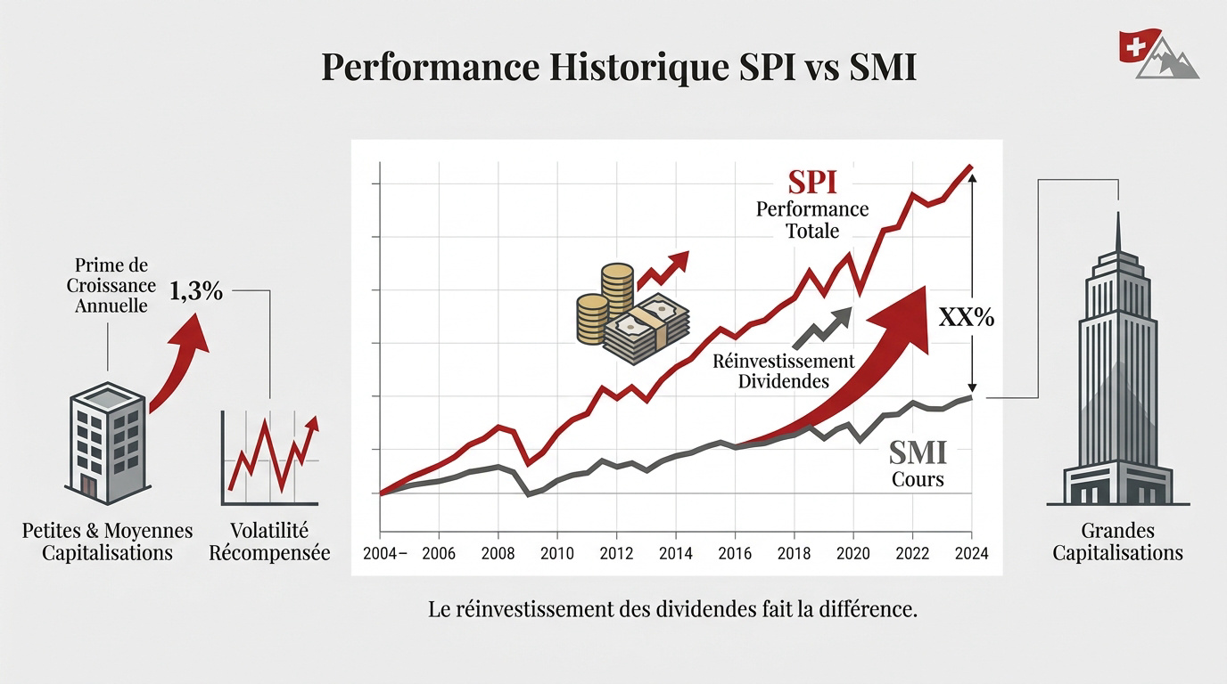 Graphique comparatif de la performance historique entre le SMI et le SPI avec dividendes réinvestis