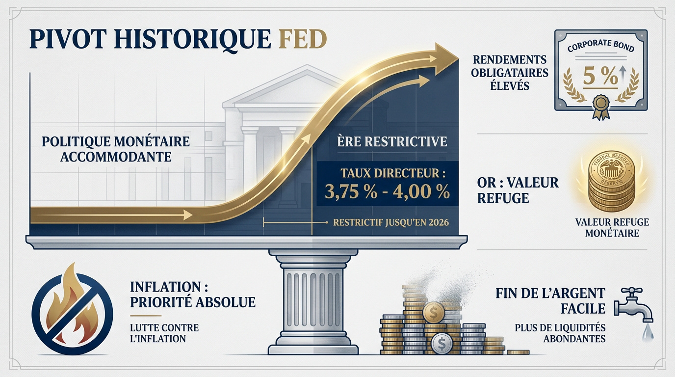 Graphique illustrant le pivot monétaire de la Réserve Fédérale et la hausse des taux directeurs