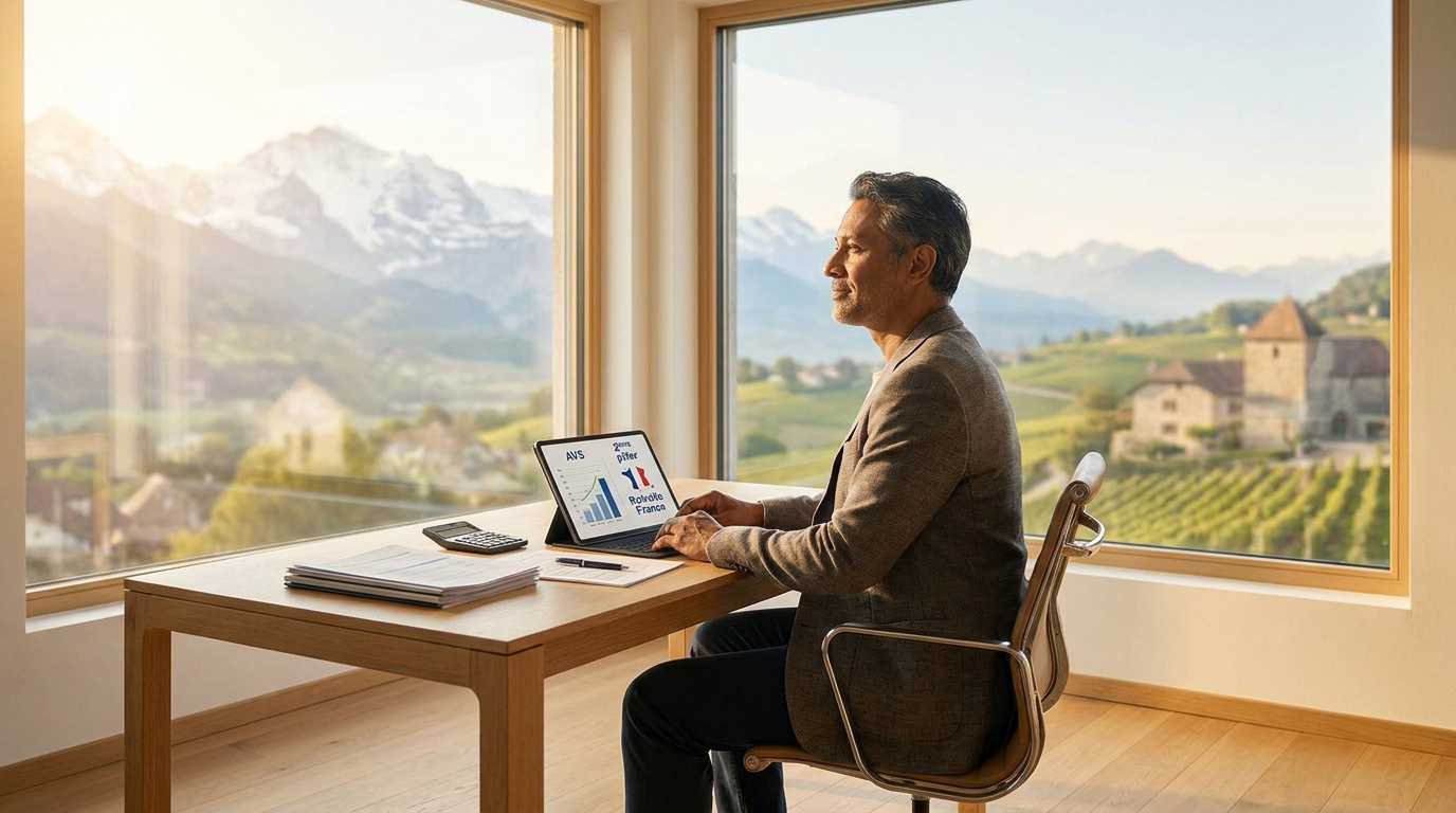 Un homme d'affaires travaillant sur une tablette avec vue sur les Alpes suisses, symbolisant la planification de retraite.