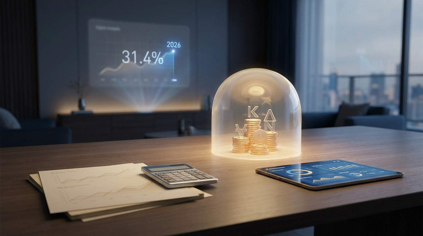 Des pièces d'or sous une cloche en verre sur un bureau avec une tablette affichant des données financières en 2026.