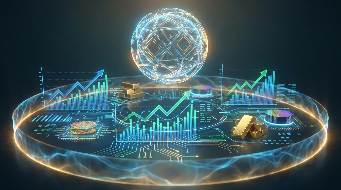 Représentation numérique d'une plateforme financière avec graphiques boursiers, lingots d'or et une sphère technologique.
