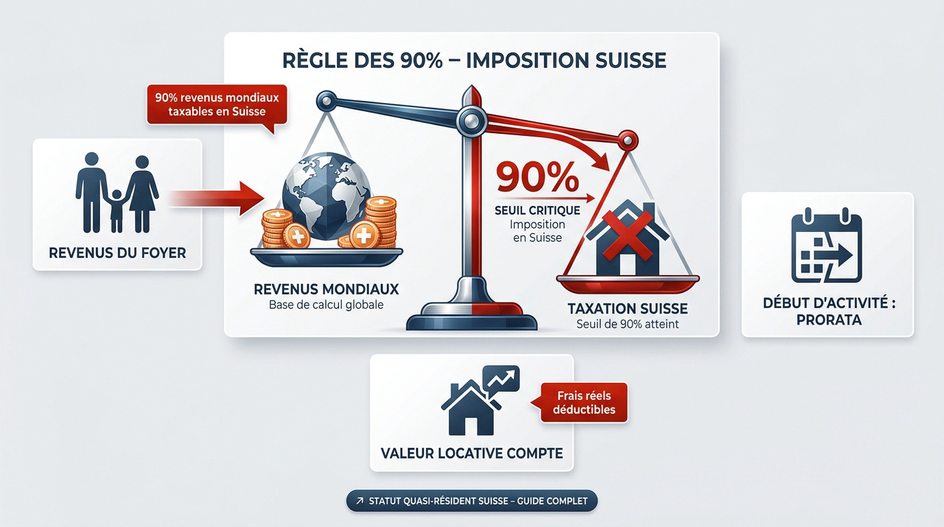 Schéma explicatif de la règle des 90 pourcent pour le statut de quasi-résident à Genève