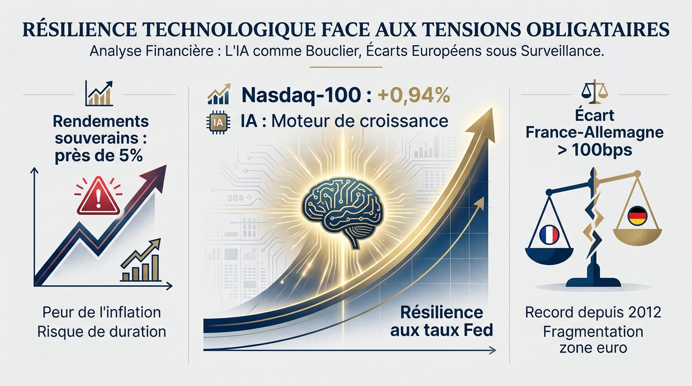 Graphique illustrant la croissance du Nasdaq-100 face à la hausse des rendements obligataires