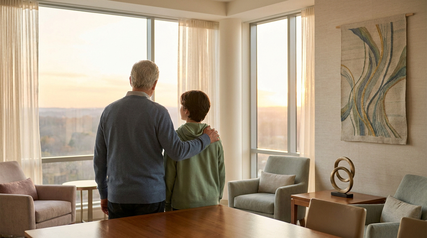 Un grand-père et son petit-fils regardent ensemble par une grande baie vitrée au coucher du soleil.