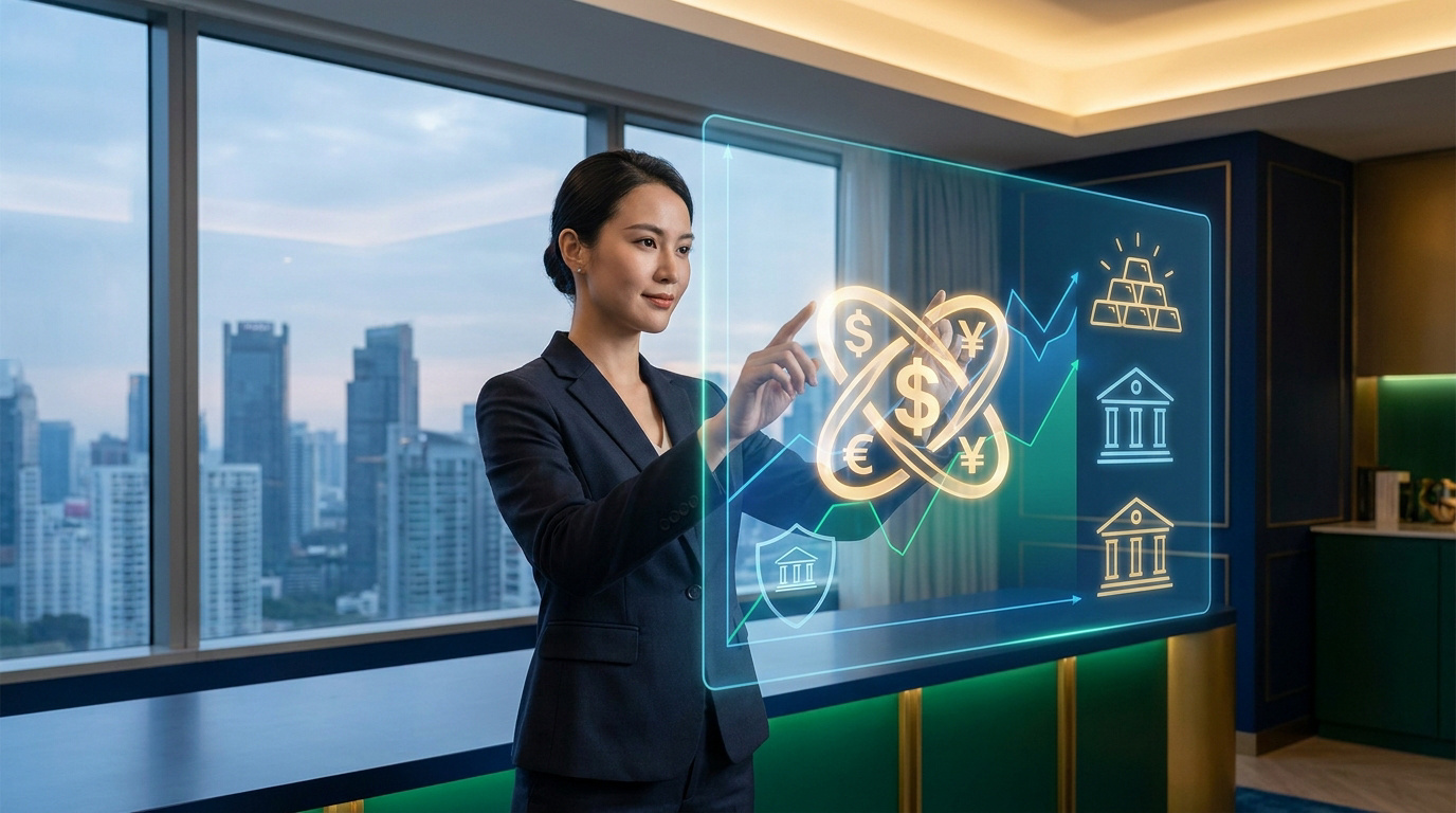Une femme d'affaires interagissant avec une interface numérique holographique affichant des données financières et boursières.