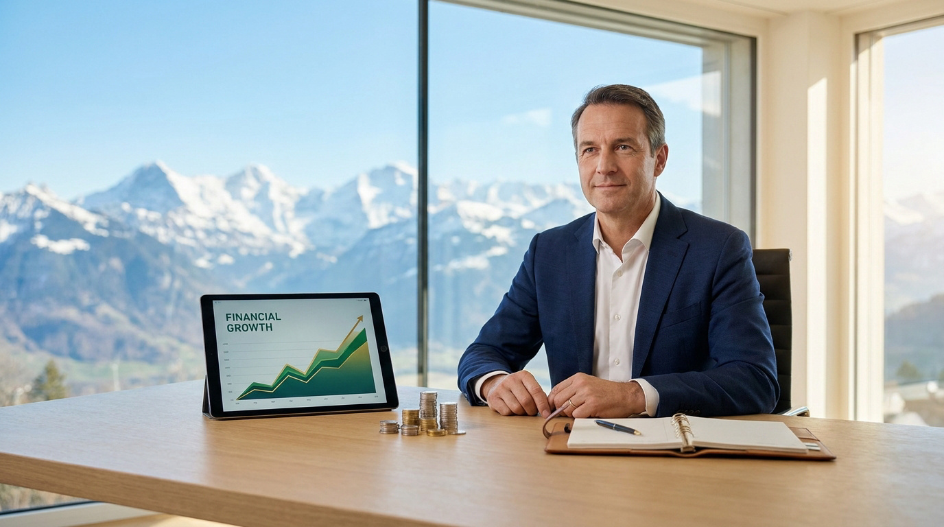 Un homme d'affaires dans un bureau avec vue sur les Alpes, une tablette affichant une courbe de croissance financière.