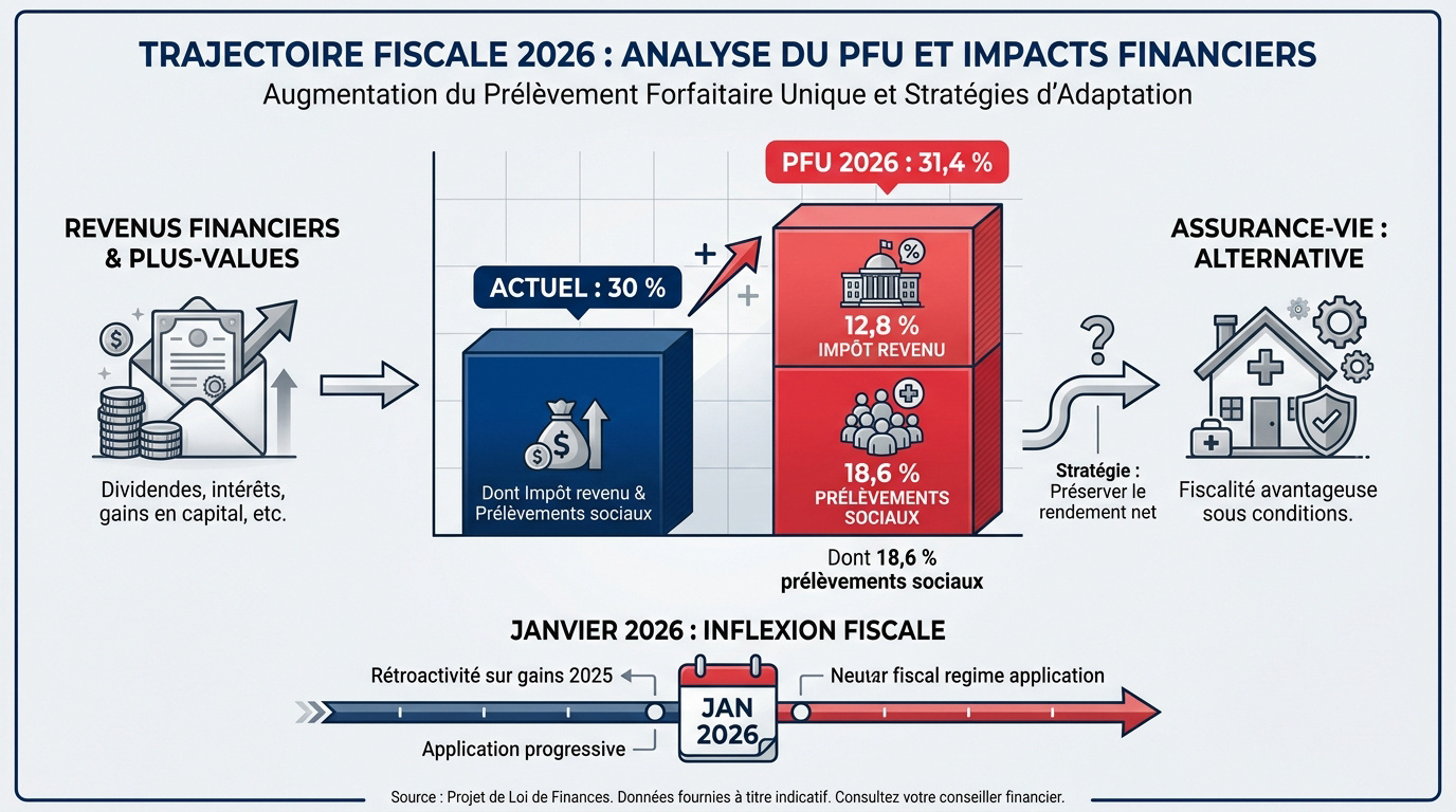 Graphique de l'évolution du PFU à 31,4 pour cent en 2026 et impact sur les placements financiers