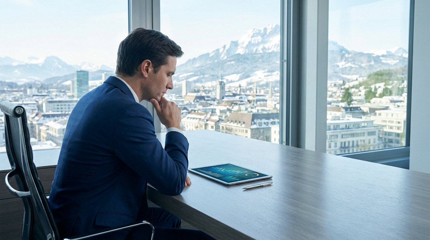Un homme d'affaires pensif regarde une tablette avec des graphiques financiers devant un paysage urbain suisse enneigé.