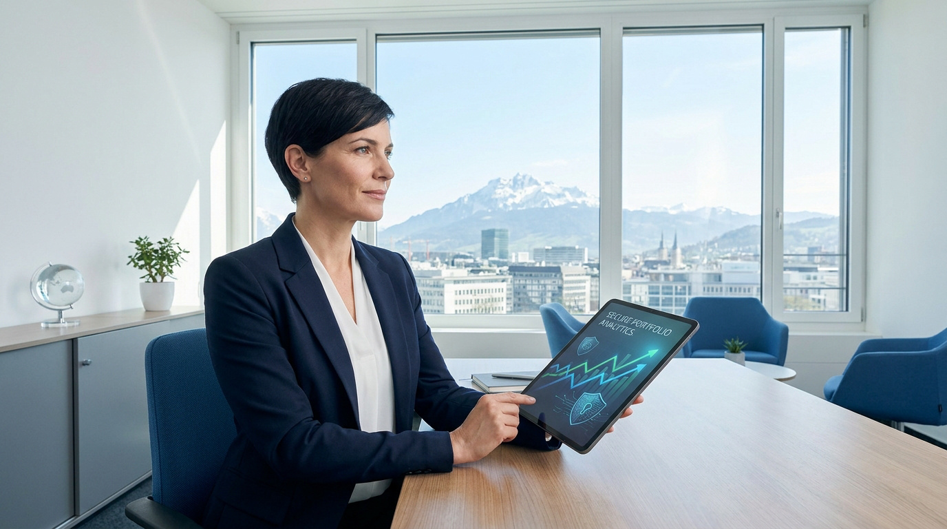 Une femme d'affaires en costume utilisant une tablette affichant des graphiques de crypto-actifs avec les Alpes en arrière-plan.