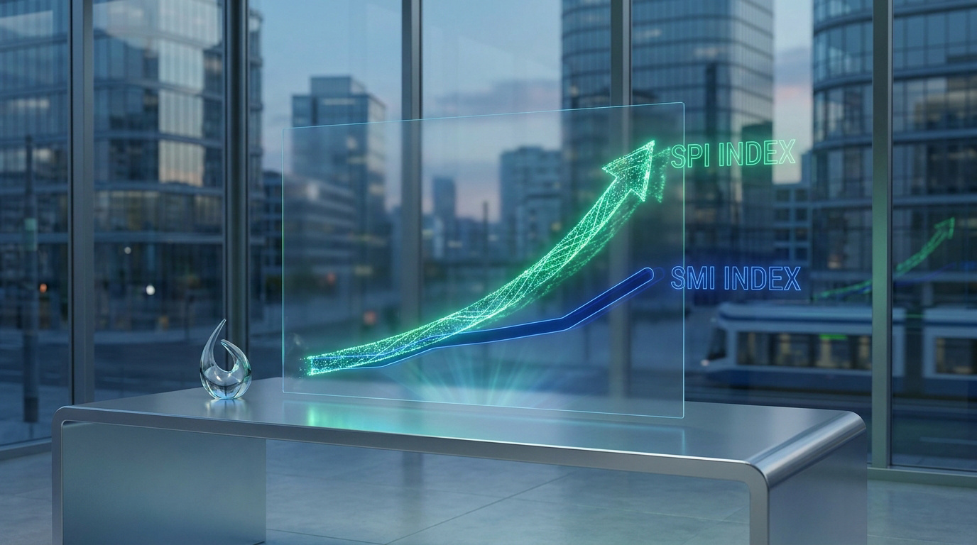 Graphique boursier holographique montrant la progression des indices SPI et SMI dans un bureau moderne.