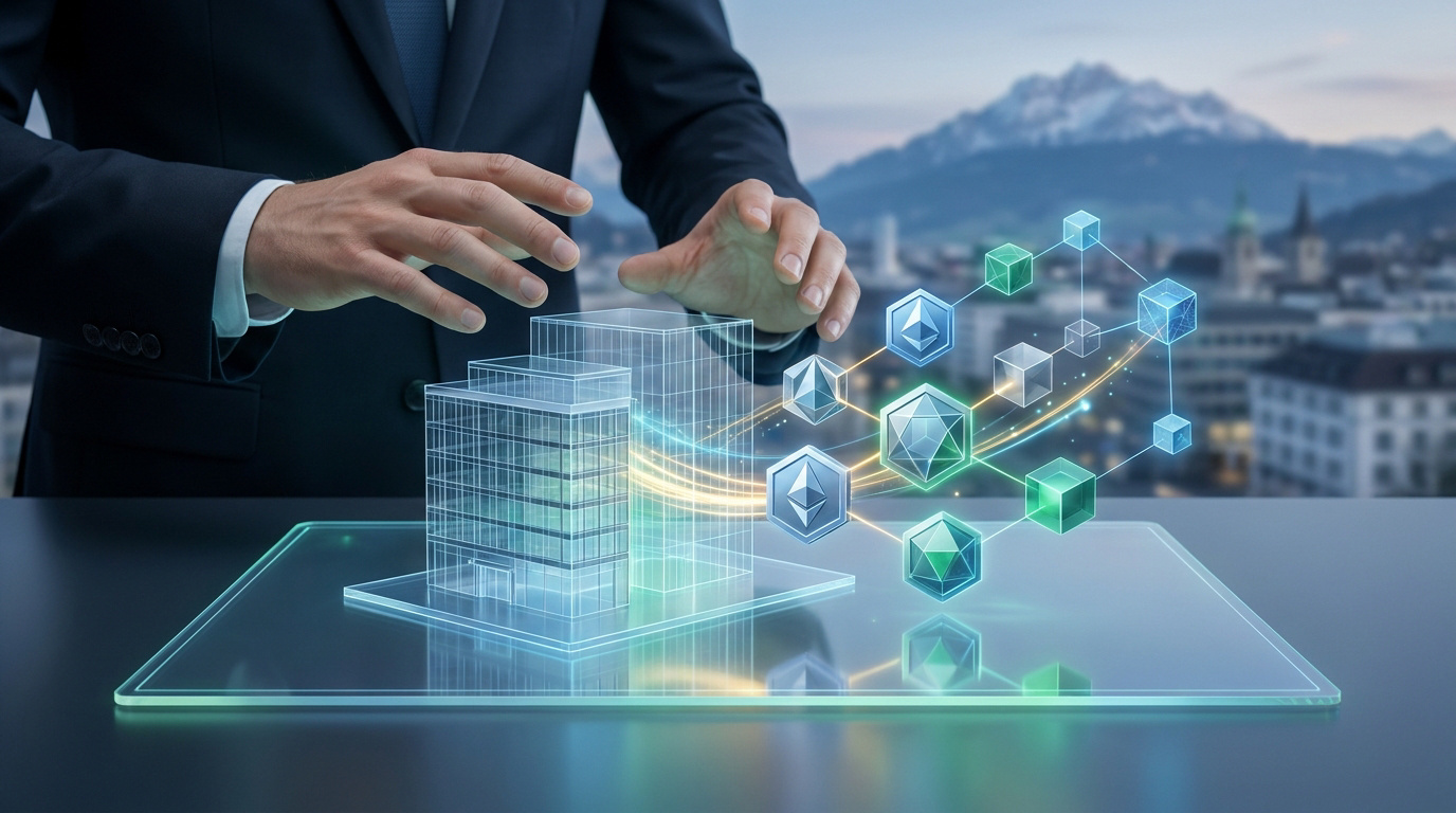 Un homme d'affaires manipulant une interface holographique représentant la tokenisation d'un immeuble en Suisse.