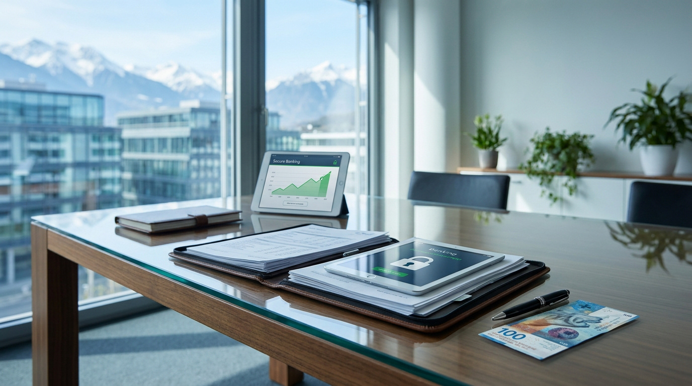 Bureau professionnel avec tablettes, documents et un billet de 100 francs suisses face aux Alpes.