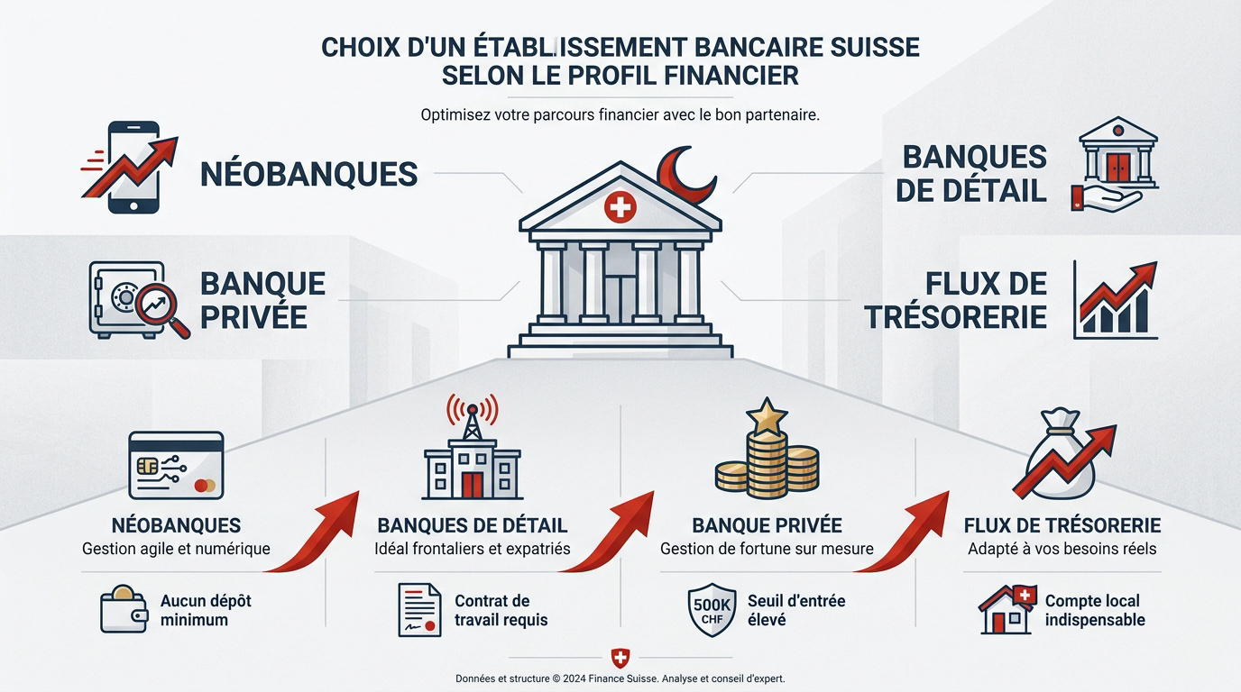 Comparaison des différents types d'établissements bancaires en Suisse pour les résidents français