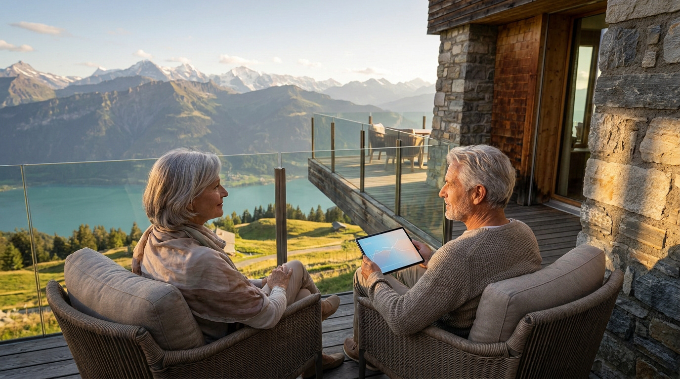 Couple de seniors consultant une tablette sur une terrasse avec vue sur les Alpes suisses et un lac.
