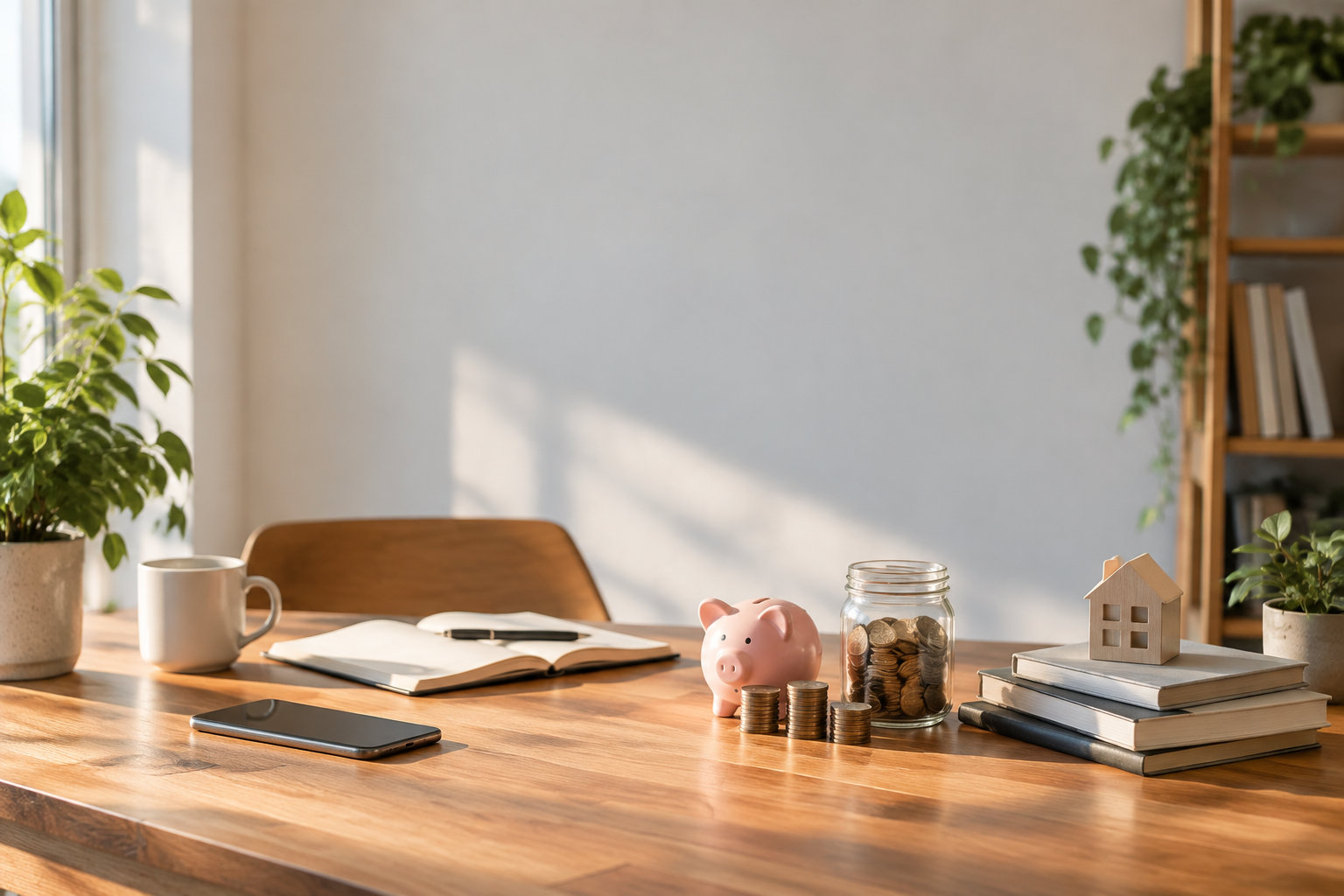 Bureau en bois avec une tirelire, des pièces de monnaie, un carnet et une miniature de maison pour la gestion budgétaire.