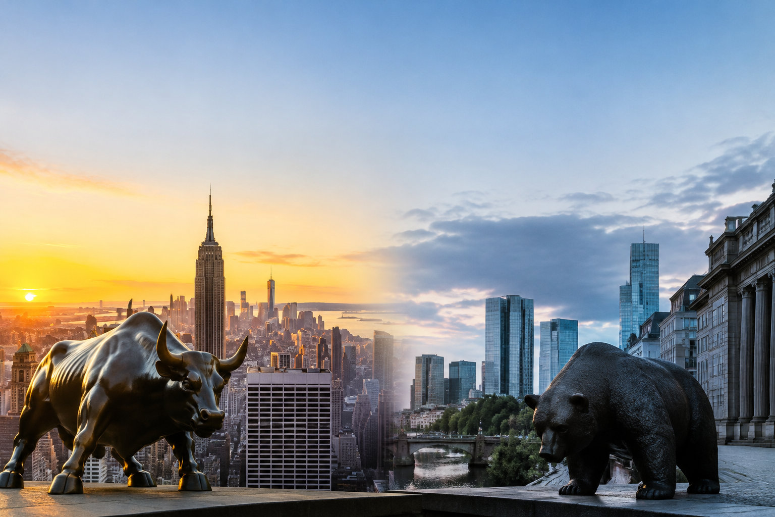 Composition divisée montrant un taureau devant New York au soleil et un ours devant Francfort sous un ciel gris.