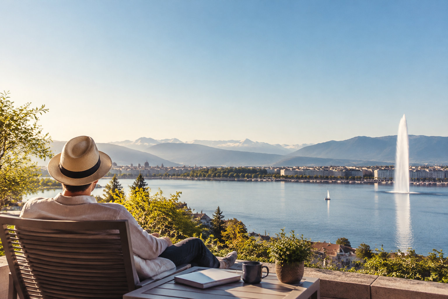 Un homme en chapeau contemple le Jet d'eau de Genève avec vue sur les Alpes depuis une terrasse ensoleillée.