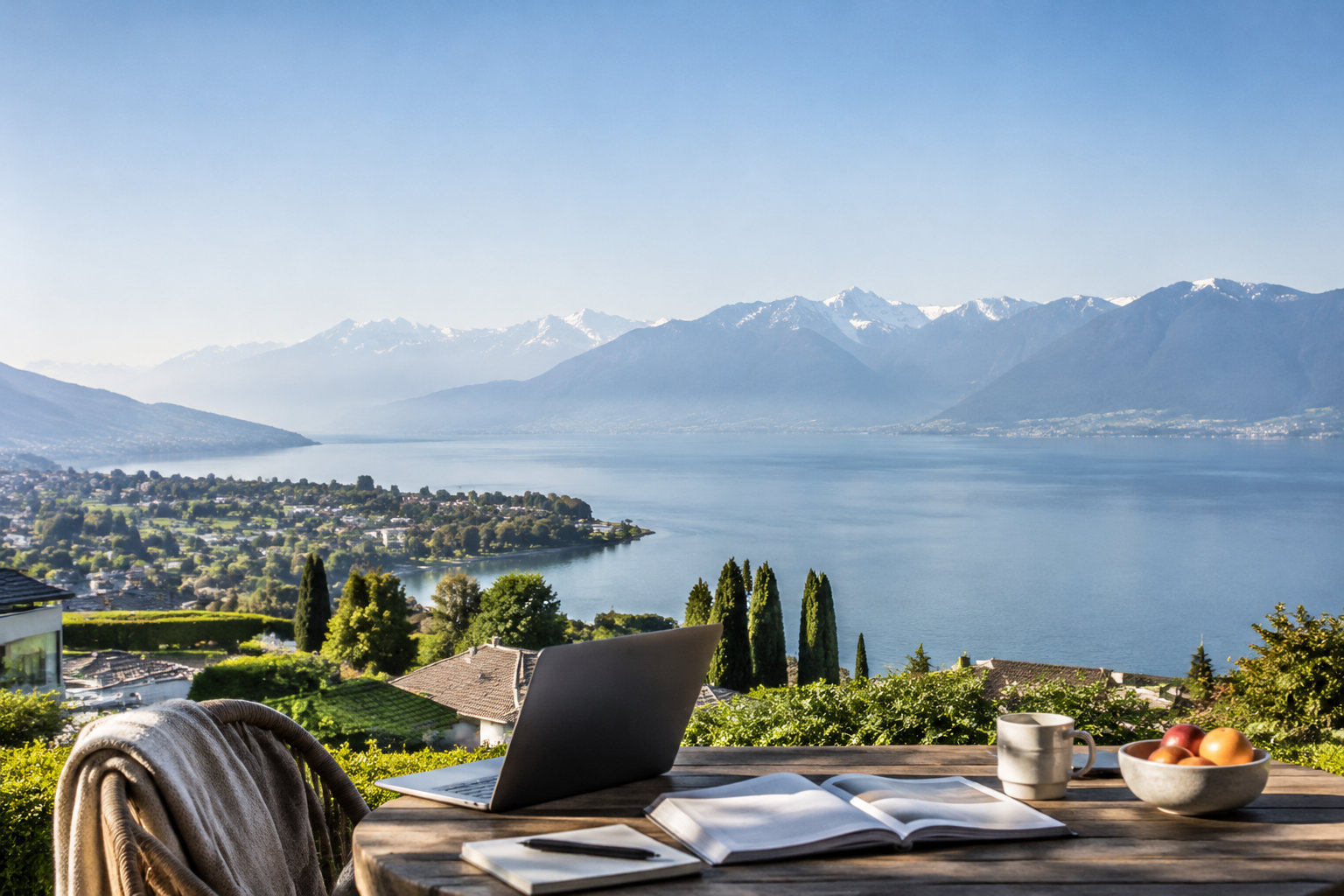 Ordinateur portable, livre et tasse de café sur une table en terrasse face au lac Léman et aux Alpes.