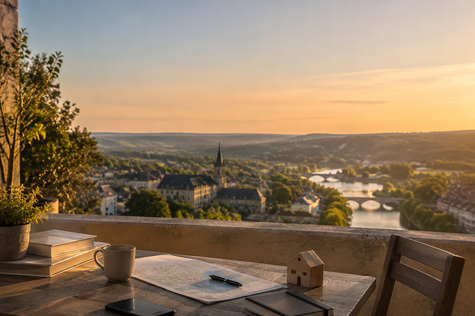 Vue panoramique sur une ville française historique au coucher du soleil avec une table de travail au premier plan.