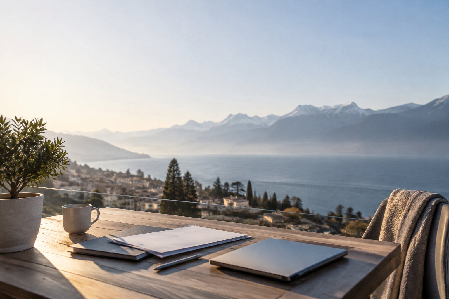 Table sur une terrasse avec ordinateur et documents face à un lac et des montagnes enneigées au soleil levant.