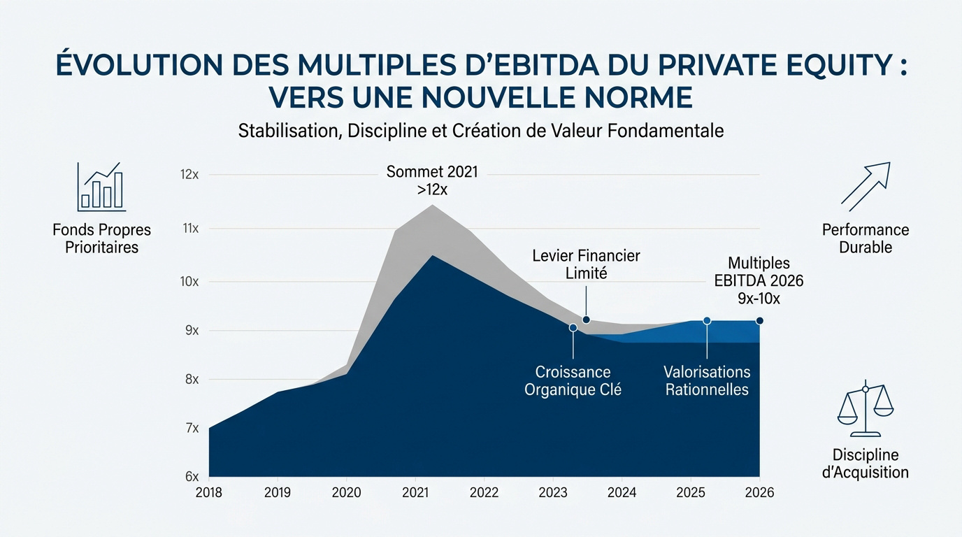 Graphique montrant l'évolution des multiples d'EBITDA dans le secteur du private equity entre 2021 et 2026