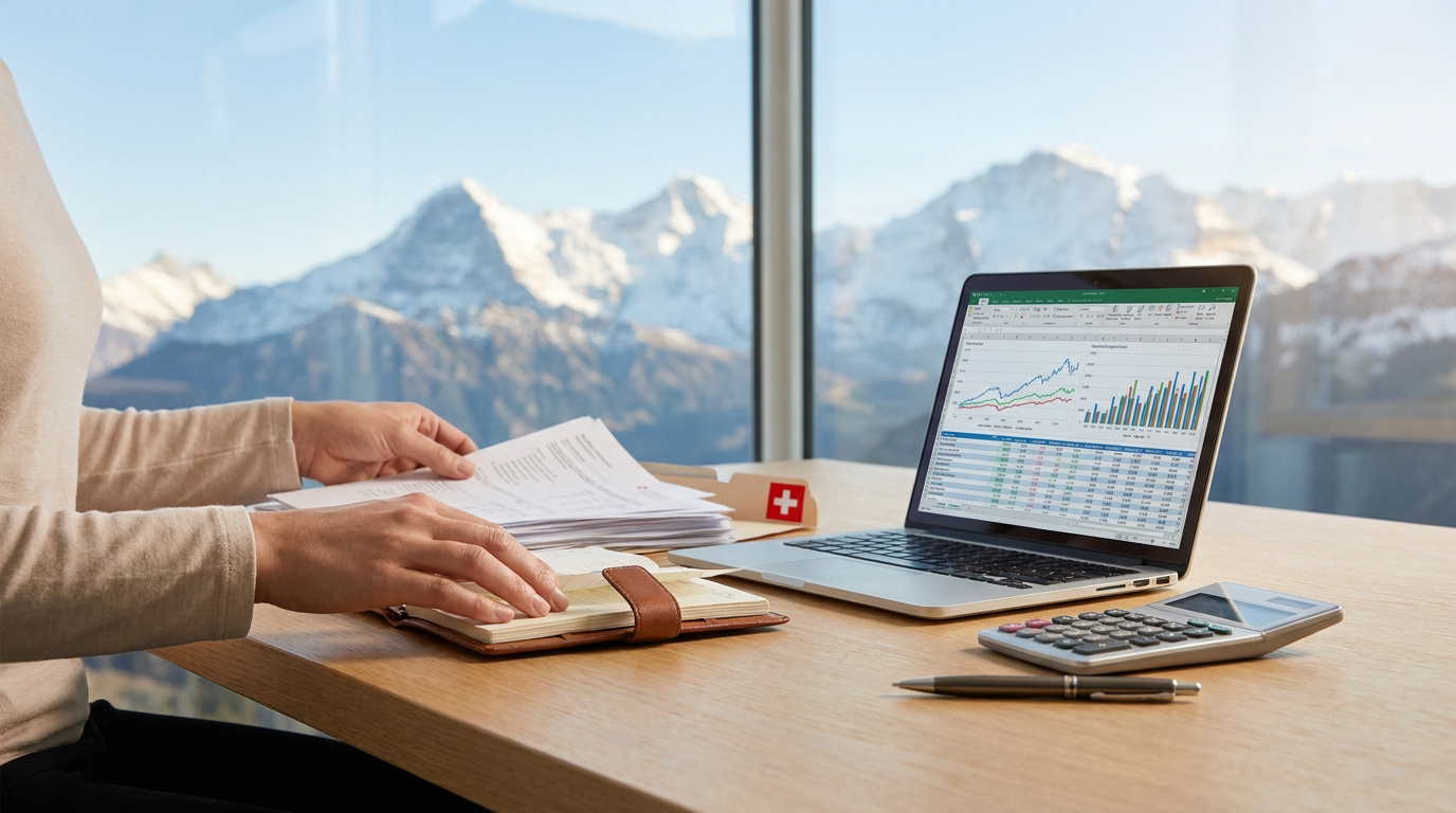 Personne travaillant sur un ordinateur portable avec des documents financiers face à des montagnes suisses enneigées.
