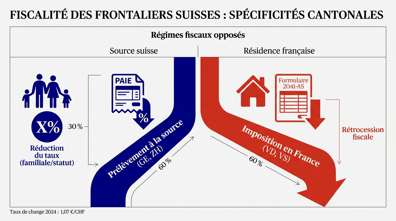 Vue panoramique des frontières suisses illustrant la complexité fiscale pour les travailleurs frontaliers