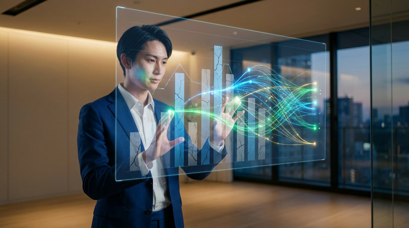 Un homme d'affaires interagit avec un écran holographique affichant des graphiques financiers dynamiques en 2026.