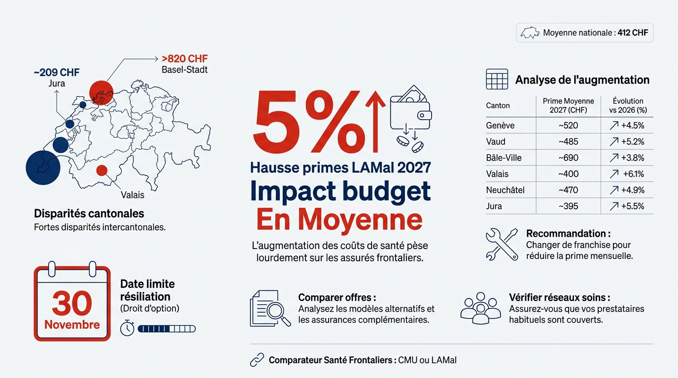 Graphique illustrant l'augmentation des primes d'assurance maladie LAMal pour les frontaliers en 2027