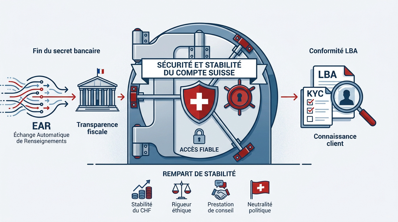 Infographie détaillant la sécurité bancaire et la stabilité du franc suisse pour les comptes non-résidents