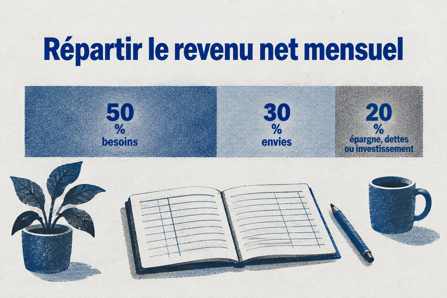 Le revenu net mensuel se répartit en 50 % pour les besoins, 30 % pour les envies et 20 % pour l’épargne, les dettes ou l’investissement.
